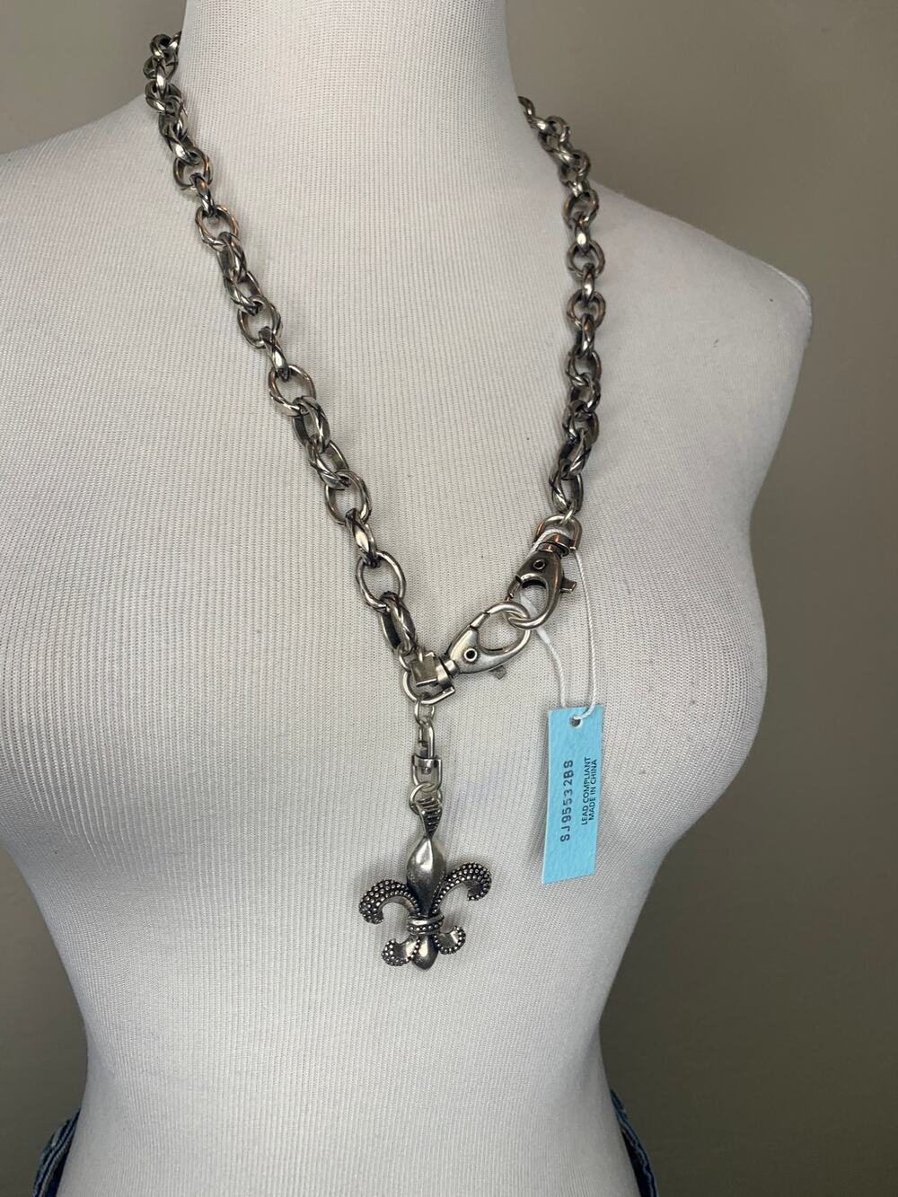 Stigma Chain Fleur De Lis Silver Belt Pants Chain  Necklace 26.5" Long